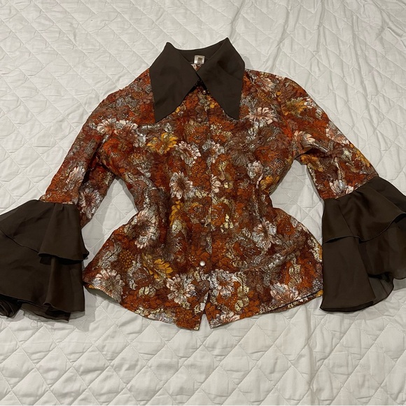 Vintage Floral Brown Women's Top with Ruffled Sleeves - Picture 1 of 6